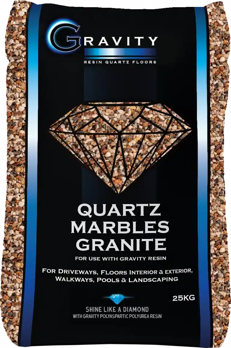 25KG bag of Gravity Resin Quartz, Marbles, and Granite aggregate blend for use in driveways, pools, and interior/exterior flooring.