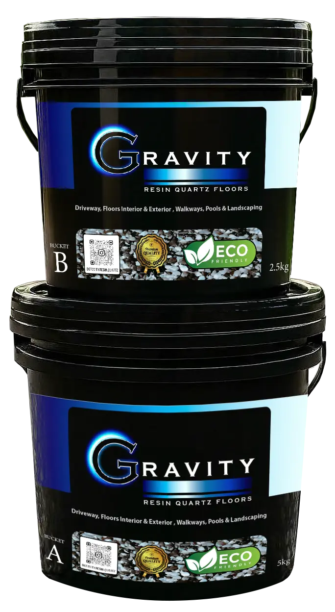 Two-part Gravity Resin Quartz system buckets (A-5kg, B-2.5kg) for driveway and interior/exterior floors, highlighting the ECO FRIENDLY logo.